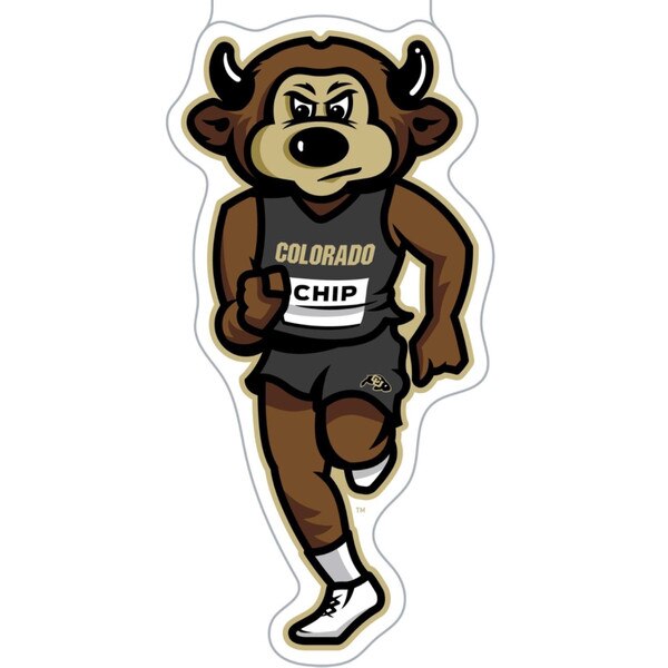 Sticker of CU mascot Chip running in a black Colorado track uniform with name tag and CU Buffaloes logo on shorts.